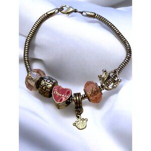 Girls Princess Silver Charm Bracelet With Pink Heart Beads
